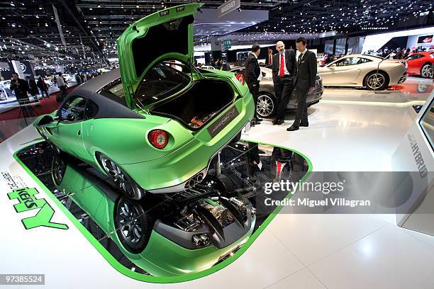 The Hy-Kers Vettura Laboratorio Ferrari hybrid concept car is displayed at the Ferrari stand during the second press day at the 80th Geneva...