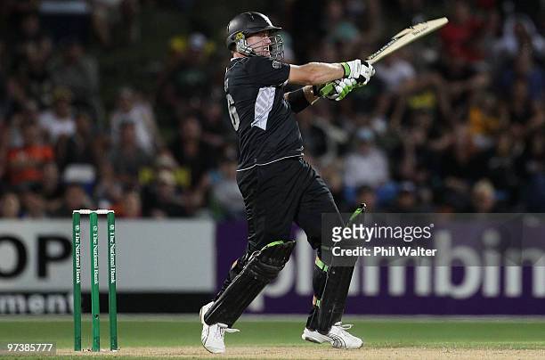 Scott Styris of New Zealand bats during the First One Day International match between New Zealand and Australia at McLean Park on March 3, 2010 in...