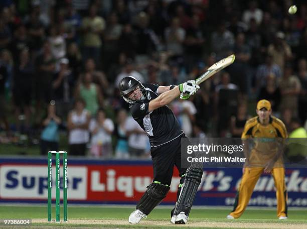 Scott Styris of New Zealand hits the winning run during the First One Day International match between New Zealand and Australia at McLean Park on...