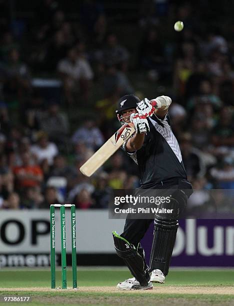 Daryl Tuffey of New Zealand bats during the First One Day International match between New Zealand and Australia at McLean Park on March 3, 2010 in...