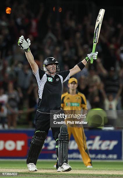 Scott Styris of New Zealand celebrates hitting the winning runs during the First One Day International match between New Zealand and Australia at...