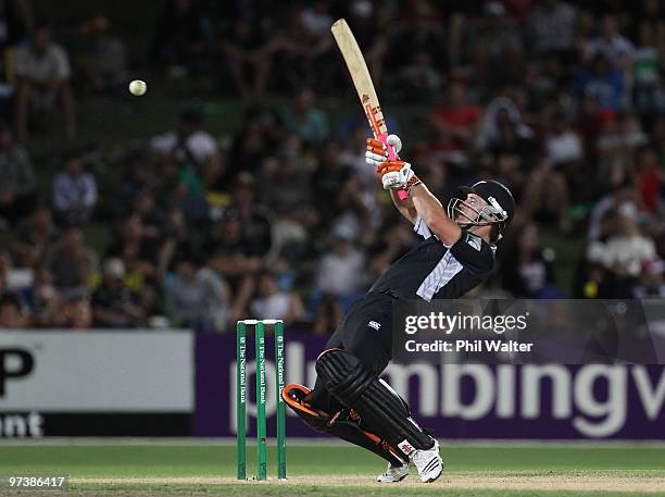 Neil Broom of New Zealand bats during the First One Day International match between New Zealand and Australia at McLean Park on March 3, 2010 in...