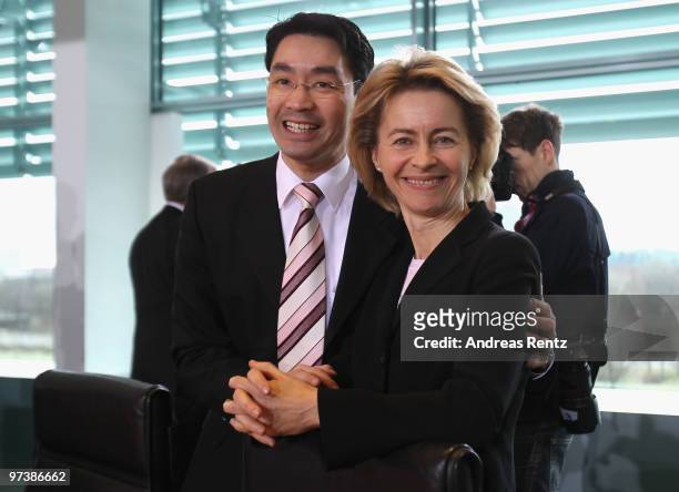 German Health Minister Philipp Roesler and Minister of Work and Social Issues Ursula von der Leyen arrive at the weekly German government cabinet...