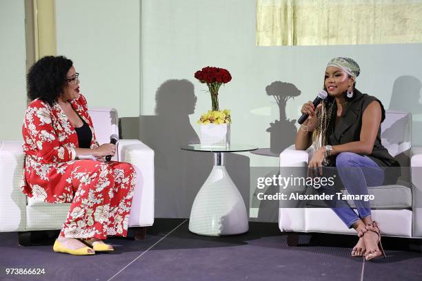 Allison McGevna and actor LaToya Luckett speak on stage at the Cadillac Welcome Luncheon At ABFF: Black Hollywood Now at The Temple House on June 13,...