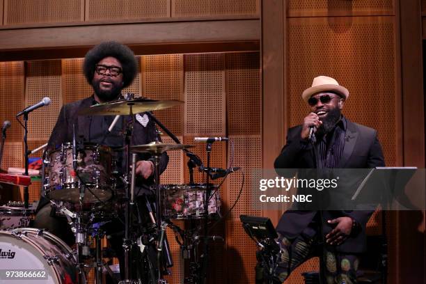 Episode 0883 -- Pictured: Ahmir "Questlove" Thompson and Tariq "Blackthought" Trotter on The Roots perform "#Dinosongs" on June 13, 2018 --