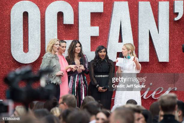 Cate Blanchett, Sarah Paulson, Sandra Bullock, Mindy Kaling and Edith Bowman attend the 'Ocean's 8' UK Premiere held at Cineworld Leicester Square on...
