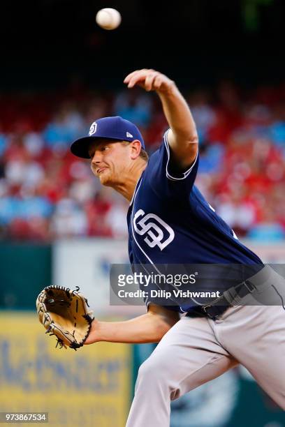 Eric Lauer of the San Diego Padres delivers a pitch against the St. Louis Cardinals in the first inning at Busch Stadium on June 13, 2018 in St....