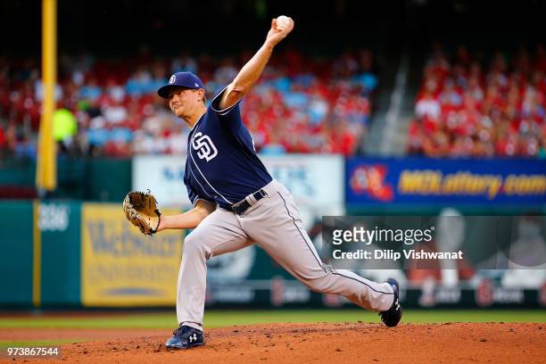 Eric Lauer of the San Diego Padres delivers a pitch against the St. Louis Cardinals in the first inning at Busch Stadium on June 13, 2018 in St....