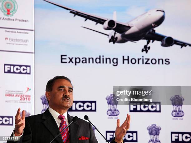 Praful Patel, minister of state for civil aviation of India, speaks at the opening of The India Aviation 2010 conference in Hyderabad, India, on...