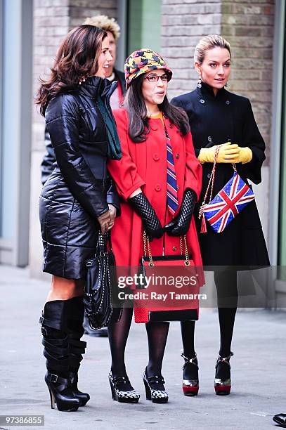 Actresses Ana Ortiz, America Ferrera, and Becki Newton film a scene at the "Ugly Betty" film set in lower Manhattan on March 02, 2010 in New York...