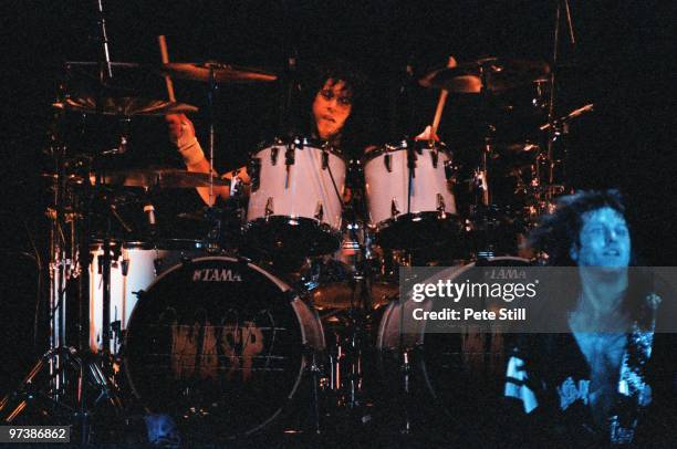 Drummer Frankie Banali of W.A.S.P. Performs on stage at Hammersmith Odeon on May 15th, 1989 in London, England.