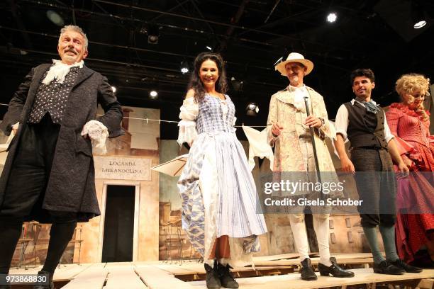 Michele Oliveri and Mariella Ahrens, Gilbert von Sohlern, Ricardo Angelini and Esther Kuhn during the 'Mirandolina' premiere at Komoedie Bayerischer...
