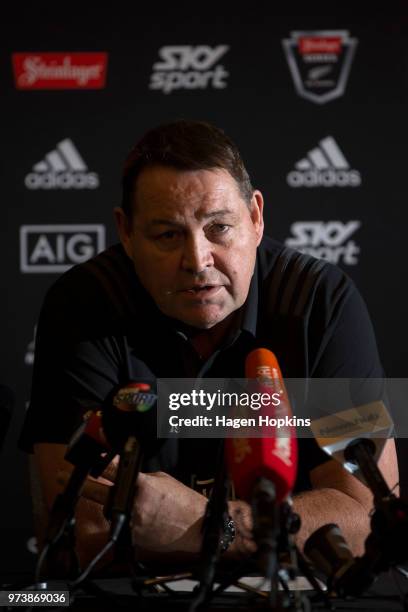 Coach Steve Hansen speaks to media during a New Zealand All Blacks press conference on June 14, 2018 in Wellington, New Zealand.