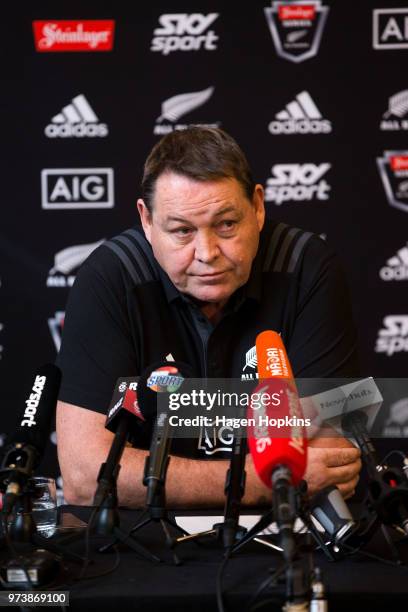 Coach Steve Hansen speaks to media during a New Zealand All Blacks press conference on June 14, 2018 in Wellington, New Zealand.