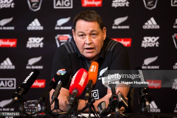 Coach Steve Hansen speaks to media during a New Zealand All Blacks press conference on June 14, 2018 in Wellington, New Zealand.