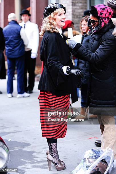 Actress Ashley Jensen rehearses a scene at the "Ugly Betty" film set in lower Manhattan on March 02, 2010 in New York City.