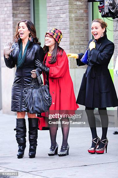 Actresses Ana Ortiz, America Ferrera, and Becki Newton film a scene at the "Ugly Betty" film set in lower Manhattan on March 02, 2010 in New York...