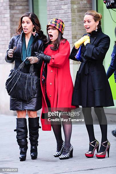Actresses Ana Ortiz, America Ferrera, and Becki Newton film a scene at the "Ugly Betty" film set in lower Manhattan on March 02, 2010 in New York...