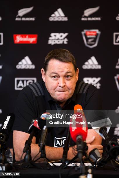 Coach Steve Hansen speaks to media during a New Zealand All Blacks press conference on June 14, 2018 in Wellington, New Zealand.