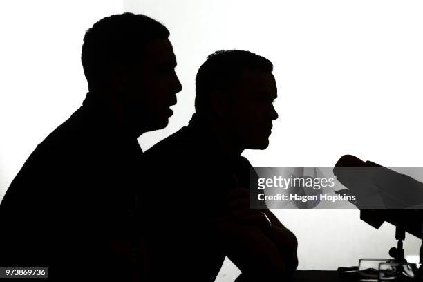 Anton Lienert-Brown and Ryan Crotty speak to media during a New Zealand All Blacks press conference on June 14, 2018 in Wellington, New Zealand.