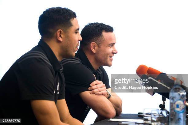 Anton Lienert-Brown and Ryan Crotty speak to media during a New Zealand All Blacks press conference on June 14, 2018 in Wellington, New Zealand.