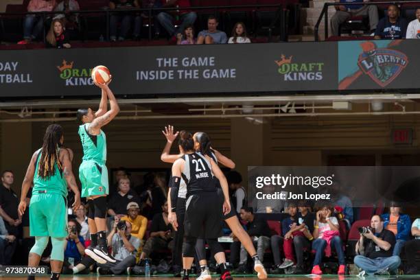 Kia Vaughn of the New York Liberty shoots the ball against the Las Vegas Aces on June 13, 2018 at Westchester County Center in White Plains, New...