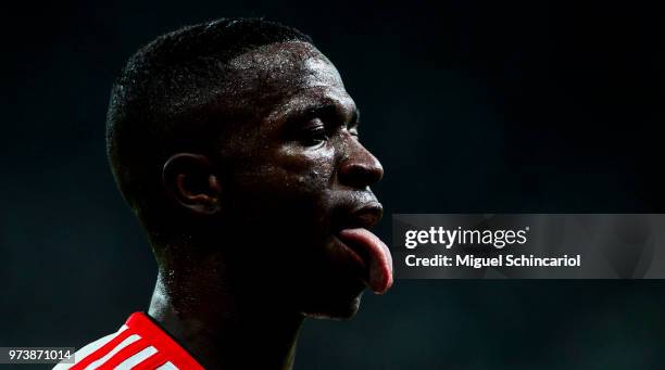 Vinicius Jr of Flamengo reacts during a match between Palmeiras and Flamengo for the Brasileirao Series A 2018 at Allianz Parque Stadium on June 13,...