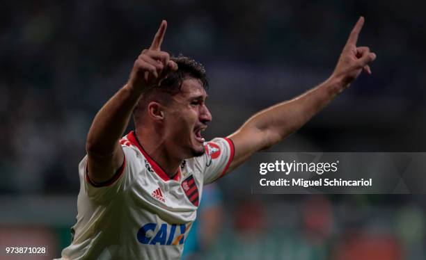 Matheus Thuler of Flamengo celebrates his goal during a match between Palmeiras and Flamengo for the Brasileirao Series A 2018 at Allianz Parque...