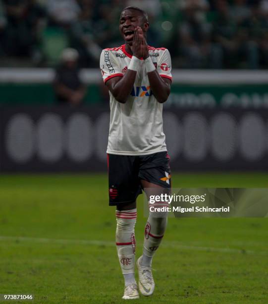 Vinicius Jr of Flamengo reacts during a match between Palmeiras and Flamengo for the Brasileirao Series A 2018 at Allianz Parque Stadium on June 13,...