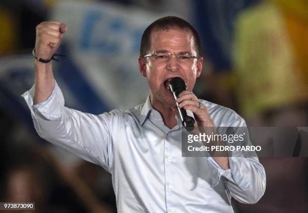 Mexico's presidential candidate Ricardo Anaya, standing for the "Mexico al Frente" coalition of the PAN-PRD-Movimiento Ciudadano parties, speaks to...