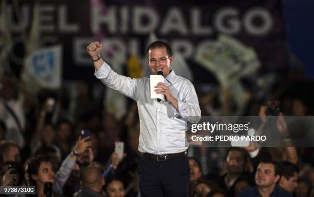 Mexico's presidential candidate Ricardo Anaya, standing for the "Mexico al Frente" coalition of the PAN-PRD-Movimiento Ciudadano parties, speaks to...