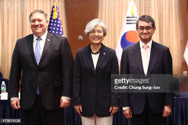 Secretary of State Mike Pompeo attends with South Korean Foreign Minister Kang Kyung-wha and Japanese Foreign Minister Taro Kono before their meeting...