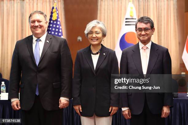 Secretary of State Mike Pompeo attends with South Korean Foreign Minister Kang Kyung-wha and Japanese Foreign Minister Taro Kono before their meeting...