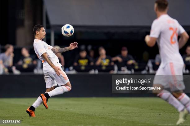 Atlanta United FC defender Franco Escobar controls the ball in the MLS regular season game between the Columbus Crew SC and the Atlanta United FC on...