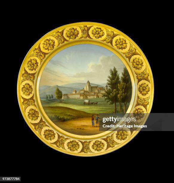 Dessert plate depicting the battlefield of Vitoria, Spain, 1810s. Item in Apsley House, London, from the Wellington Museum. Part of a dinner service...