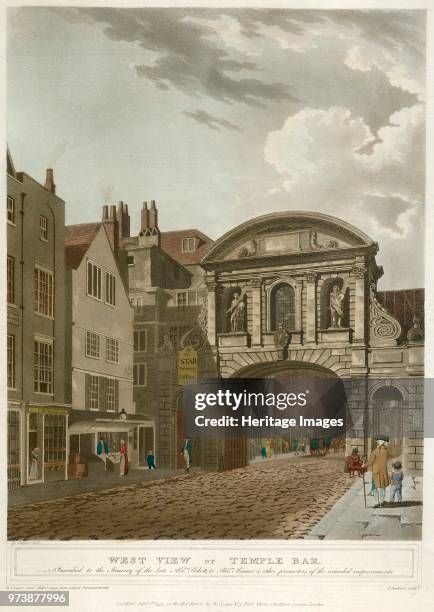 Temple Bar, London, 1797. 'West View of Temple Bar'. This incarnation of Temple Bar was constructed by Sir Christopher Wren in 1672. It was removed...