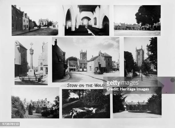 Stow-on-the-Wold, Gloucestershire, 1890. A composite of nine views of the town with the market place and medieval cross at the centre. All images...