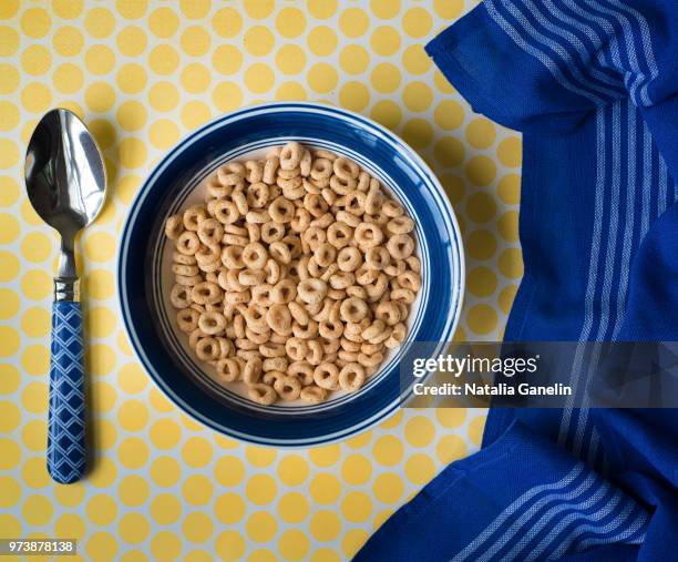 bowl of cereal and blue kitchen towel - cheerios cereal fotografías e imágenes de stock