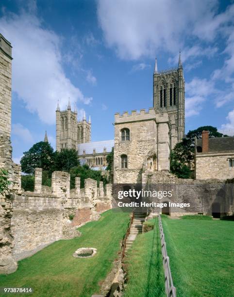 Bishop's Palace, Lincoln, Lincolnshire, circa 1980-circa 2017. View looking towards Alnwick Tower with the cathedral behind. Begun in the 1170s,...