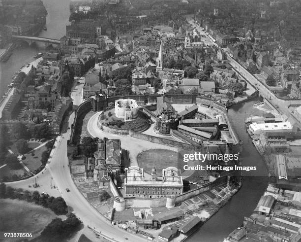 York Castle, North Yorkshire, 1926. Aerial view showing Clifford's Tower and the castle area occupied by the 19th century prison. Artist Aerofilms.