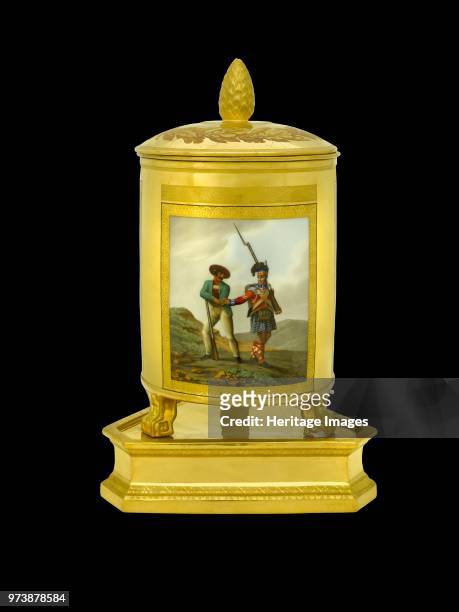 Ice pail depicting a Highlander and a Spanish militiaman, 1817-1819. Item in Apsley House, London, from the Duke of Wellington's Prussian Service,...