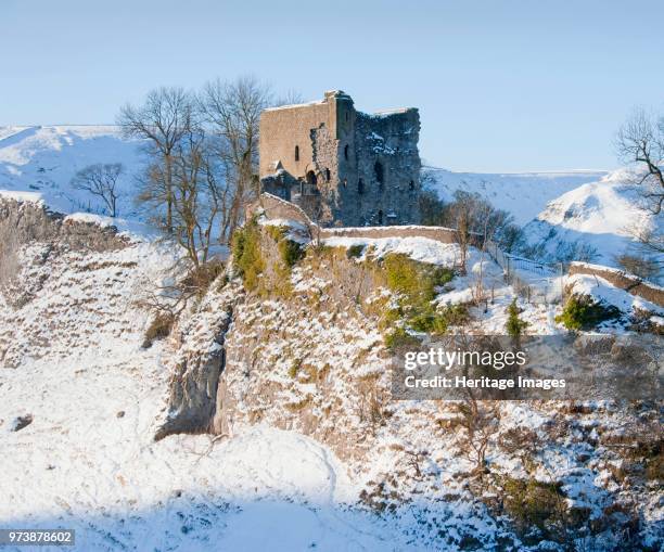 Peveril Castle, Derbyshire, circa 2000-circa 2017. View of the castle in the snow. Artist Historic England Staff Photographer.