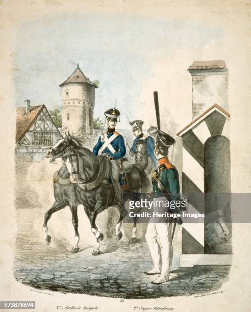 Prussian soldiers, early 19th century. Engraving of Prussian soldiers of the Napoleonic Wars produced in Berlin. Foot Artillery drivers and a Jager...