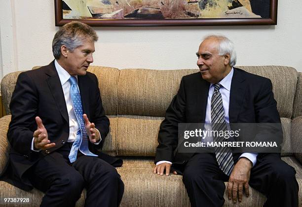 Australian Foreign Minister Stephen Smith meets with Indian Human Resource and Development Minister Kapil Sibal in New Delhi on March 3, 2010. Smith...