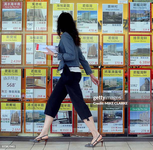 Asia-economy-property,FOCUS by Martin Abbugao A woman walks past a property agent window in Hong Kong on March 3, 2010. Asian countries fearing a...