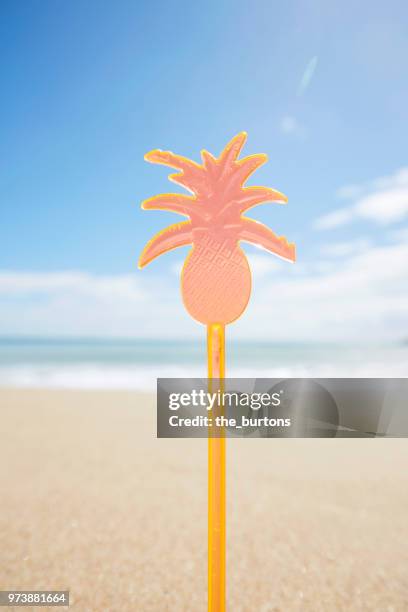 plastic swizzle stick with pineapple on the beach against sky - toothpick stock pictures, royalty-free photos & images