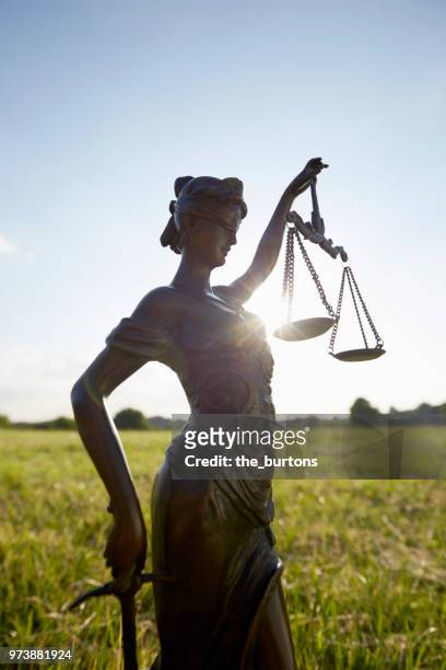 lady justice on meadow against clear sky - beam scales stock-fotos und bilder