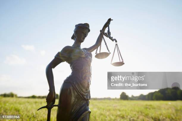lady justice on meadow against clear sky - art for social justice stock-fotos und bilder