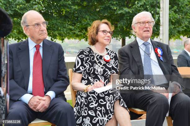 George J. Mitchell, Barbara Shattuck Kohn, and William vanden Heuvel appear onstage during the Franklin D. Roosevelt Four Freedoms Park's gala...