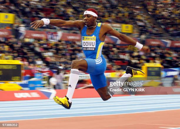 Phillips Odowu of Great Britain competes in the Men's Triple Jump during the Aviva 2010 athletics Grand Prix at the National Indoor Arena, in...